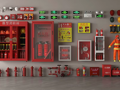 Comprehensive Fire Equipment Display with Mini Fire Station Cabinets Extinguishers Hydrants and Emergency Lights 3d model
