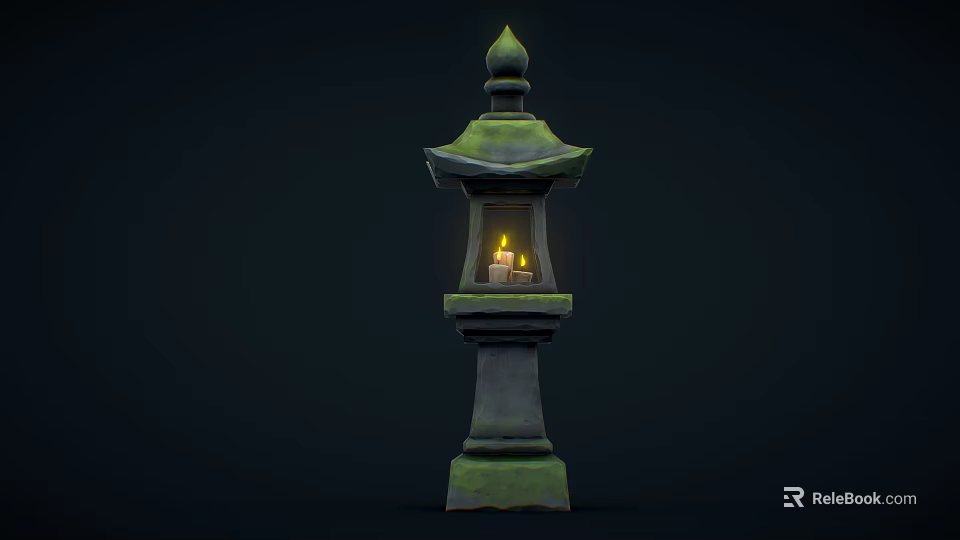 Ancient Style Stone Lantern With Pagoda Top And Lit Candle In Chamber 3d model 