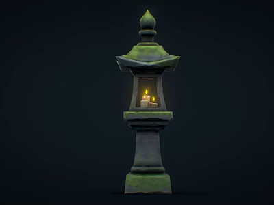 Ancient Style Stone Lantern With Pagoda Top And Lit Candle In Chamber 3d model