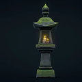 Ancient Style Stone Lantern With Pagoda Top And Lit Candle In Chamber