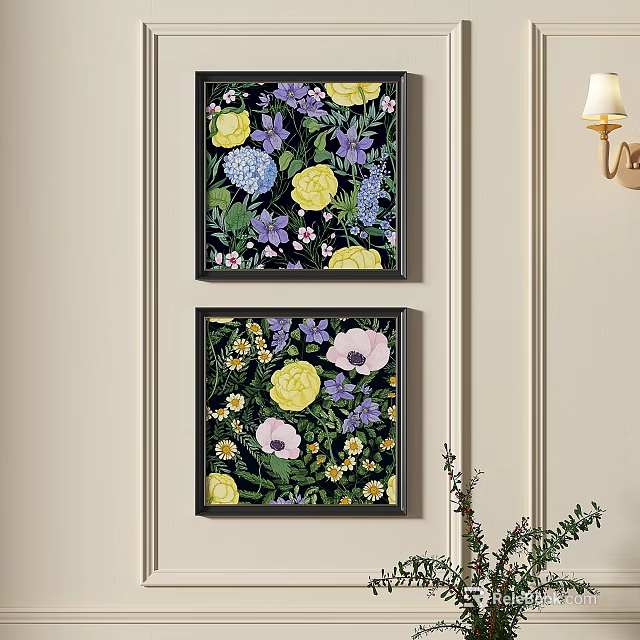 Botanical Flower Paintings As Wall Decorations 3d model