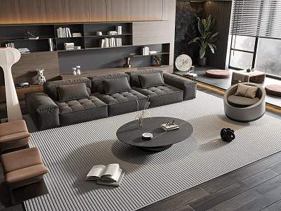 Modern Luxury Living Room With Grey Sofa Round Coffee Table Striped Rug Bookshelf And Green Plant 3d model