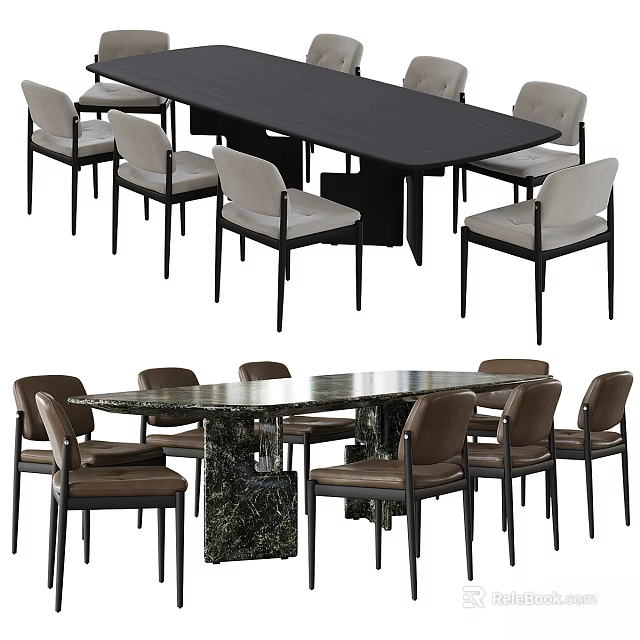 Modern Table And Chairs Set With Long Black Round Marble Tabletop Light And Brown Seats 3d model 
