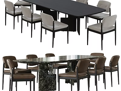 Modern Table And Chairs Set With Long Black Round Marble Tabletop Light And Brown Seats 3d model