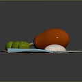 Chicken Leg on Plate with Mushrooms Green Fruits Sliced Vegetables Checkered Placemat Knife Fork