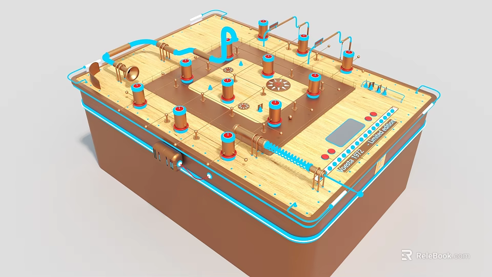Smart Machine with Brown Case Blue Pipes Copper Cylinders Gears and Control Panel 3d model 