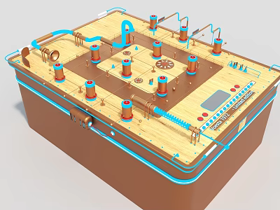 Smart Machine with Brown Case Blue Pipes Copper Cylinders Gears and Control Panel 3d model