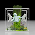 Art Installation Featuring Transparent Cube Frame Green Trunk Moss And White Figures 3d model