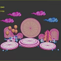 White And Gold Commercial Display Stands With Pink Circular Elements Cloud Decorations And Gold Balloons