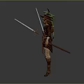 Adventurous Game Movie Character Wearing Hat Green Plant On Back Holding Two Swords