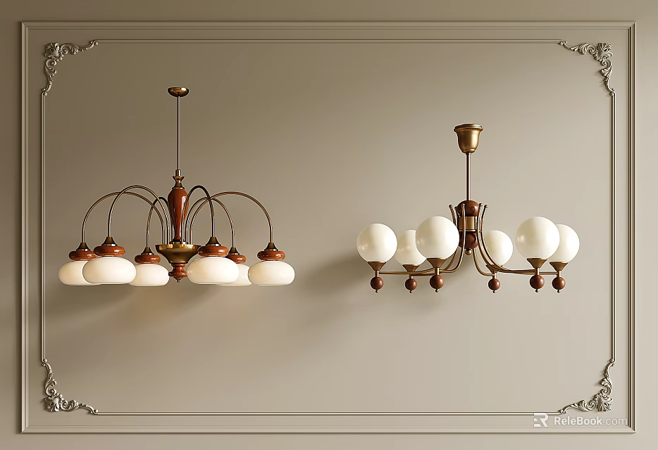 Two Vintage Chandeliers with Multiple White Shades and White Globe Shades Classic Metal Frame Design 3d model 