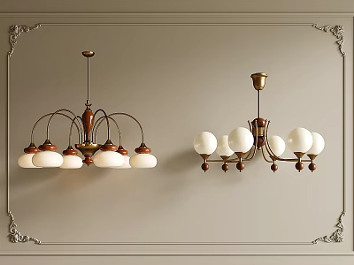 Two Vintage Chandeliers with Multiple White Shades and White Globe Shades Classic Metal Frame Design 3d model