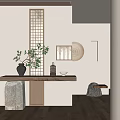 Japanese Entryway Design Featuring Wooden Lattice And Table Green Plant Stone Stool And Warm Lighting