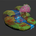 Cartoon Scene With Green Grass Blue Waterfall And Pink Cherry Blossom Tree