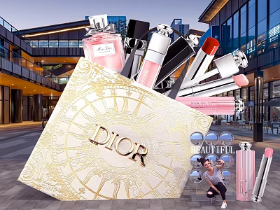 Dior Beauty Products Outdoor Photo Spot With Perfume Lipsticks And Modern Architecture 3d model