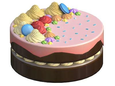 Delicious Decorated Cake With Cream Swirls Macarons Colorful Sprinkles Chocolate Base And Cream Layers 3d model