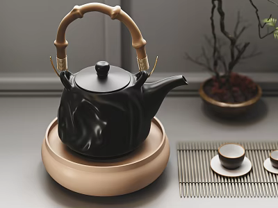 Elegant Black Teapot with Bamboo Handle on Beige Base and Teacups on Bamboo Mat 3d model