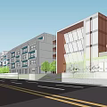 Modern School Building Open Multi Story Structure With Basketball Court Green Lawn And Students Activities