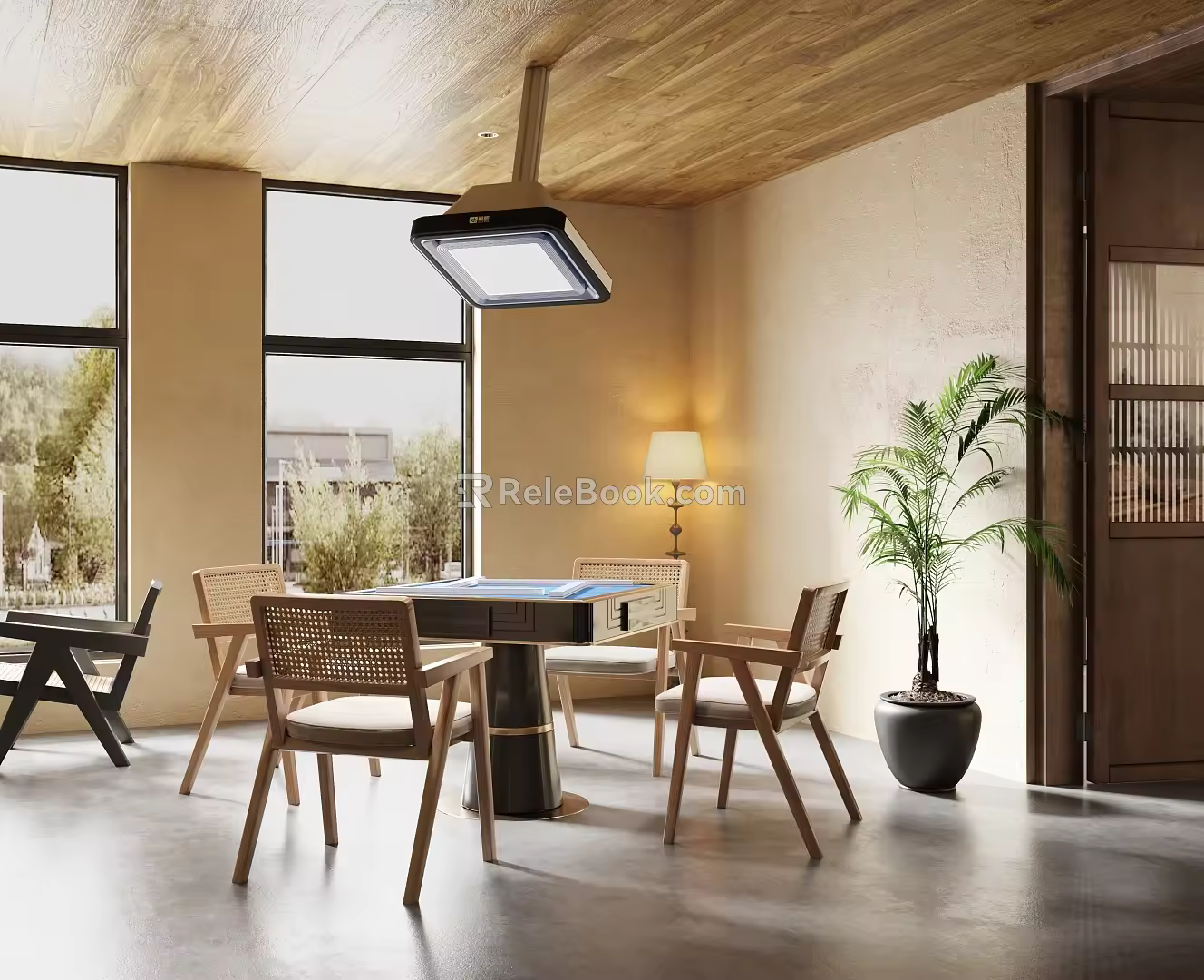 Chess and Card Room Mahjong Table and Chair Combination Chess and Card Table Smoking Lamp 3d model