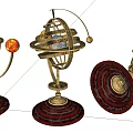 Decorative Ornament Set With Golden Metal Frame Dark Wooden Base And Spherical Structure