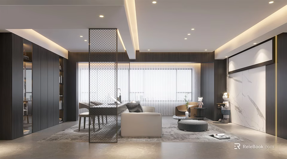 Modern Dining and Living Room Interior With Decorative Partition Sofa and Recessed Lighting 3d model 