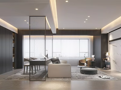 Modern Dining and Living Room Interior With Decorative Partition Sofa and Recessed Lighting 3d model