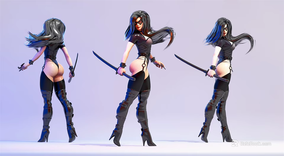Female Game And Movie Character In Black Outfit With Long Swords And Dynamic Angled Poses 3d model 
