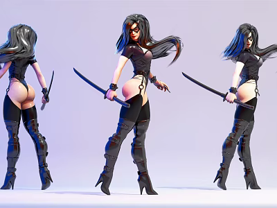 Female Game And Movie Character In Black Outfit With Long Swords And Dynamic Angled Poses 3d model