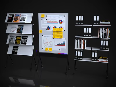 Mobile Office Bookcase With Wheels Open Shelves Books Folders And Whiteboard Charts 3d model