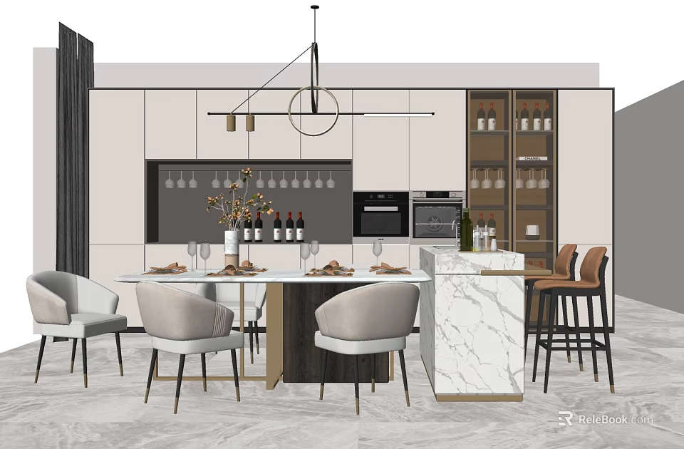 Modern Dining Table Set With Chairs And Marble Island Wine Cabinet 3d model