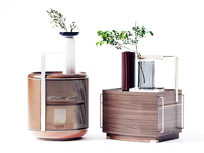 Modern Designer Nightstands in Copper and Wooden Finishes with Plant Vase Decor Accents 3d model