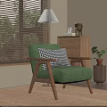 Green Single Sofa In Living Room With Wooden Armrests Checkered Pillow And Lamp