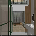 Loft Style Hotel Room With Green Metal Staircase Palm Leaf Decor Mirror And Wooden Accents