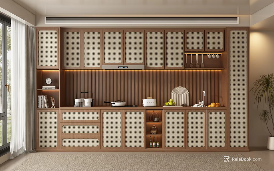 Modern Brown Grid Design Wine Cabinet In Kitchen With Storage Shelves Wine Glasses And Countertop 3d model 