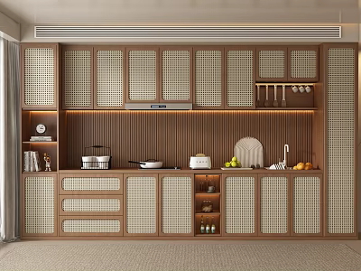 Modern Brown Grid Design Wine Cabinet In Kitchen With Storage Shelves Wine Glasses And Countertop 3d model
