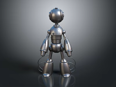 Silver Robot Character With Metallic Body Smooth Surface And Spring Legs On Dark Background 3d model