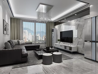 Modern Living Room With Black Sofa Marble Accent Wall TV Chandelier And City View 3d model