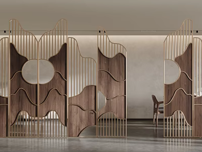 Modern Elegant Wooden Room Divider Screen With Curved Patterns And Metal Frame 3d model