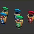 Colorful Recycling Bins With Green Blue Red Lids And Recycle Symbols On Wooden Bodies
