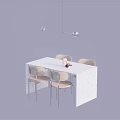 Modern Dining Table Set With White Surface Four Light Colored Chairs And Pendant Light 3d model