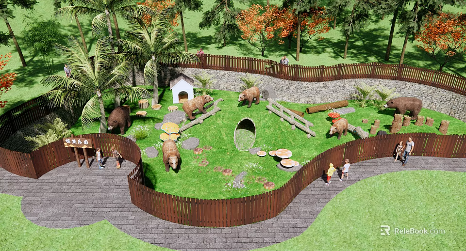 Scenic Park Landscape Featuring Palm Trees Wooden Fence Bears Small Cabin Green Grass And Visitors 3d model 