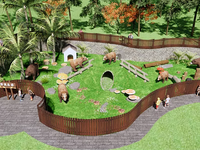 Scenic Park Landscape Featuring Palm Trees Wooden Fence Bears Small Cabin Green Grass And Visitors 3d model