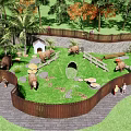 Scenic Park Landscape Featuring Palm Trees Wooden Fence Bears Small Cabin Green Grass And Visitors