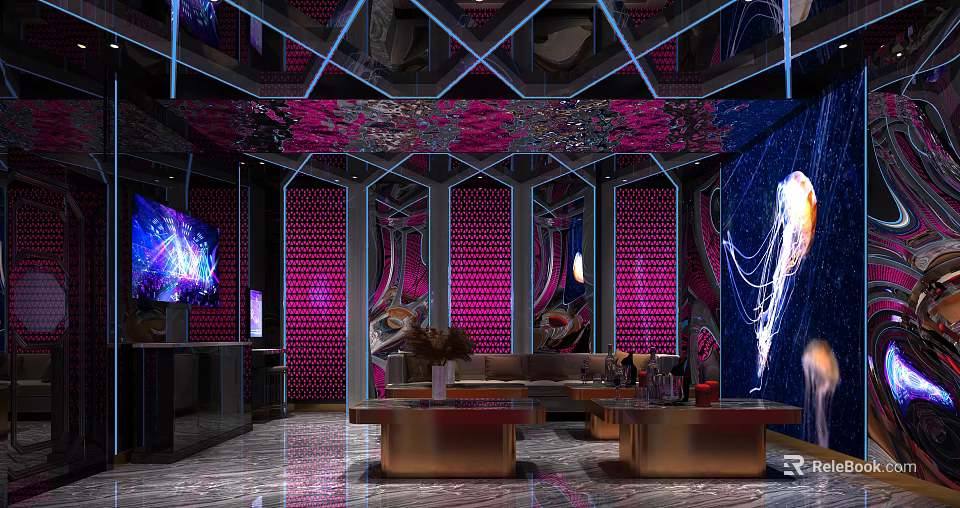 Modern KTV Private Room Interior With Colorful Lighting Sofa And Large Screen TV 3d model 