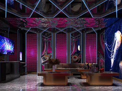 Modern KTV Private Room Interior With Colorful Lighting Sofa And Large Screen TV 3d model