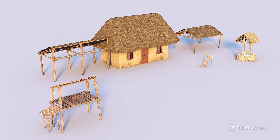 Traditional Rural Thatched House with Wooden Frames and Open Shelters 3d model 