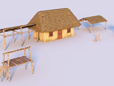 Traditional Rural Thatched House with Wooden Frames and Open Shelters 3d model