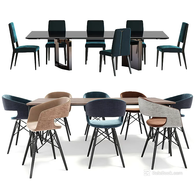 Modern Dining Table Set With Multicolored Upholstered Chairs And Metal Frame Design 3d model