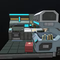 Cartoon Futuristic Space Capsule Room With Kitchen Bed Blue Lighting And Red Storage Box
