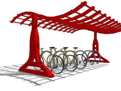Red Bike Shelter Structure With Curved Metal Frame And Parked Bicycles 3d model